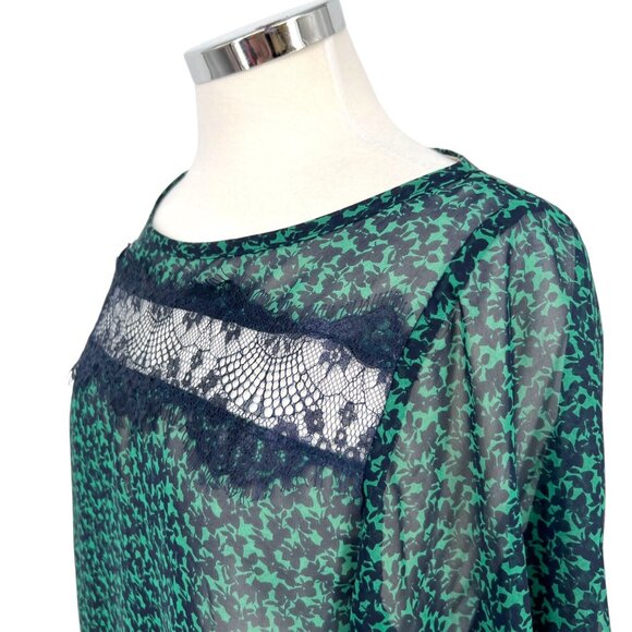 Lush Green Navy Sheer Lace Accent Blouse Half Sleeve Size Medium - Picture 4 of 11